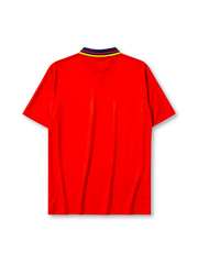 Spain 1994-95 home jersey, front view, red body with yellow and navy diamond pattern, navy point collar with yellow and red stripes, adidas wordmark, Royal Spanish Football Federation crest