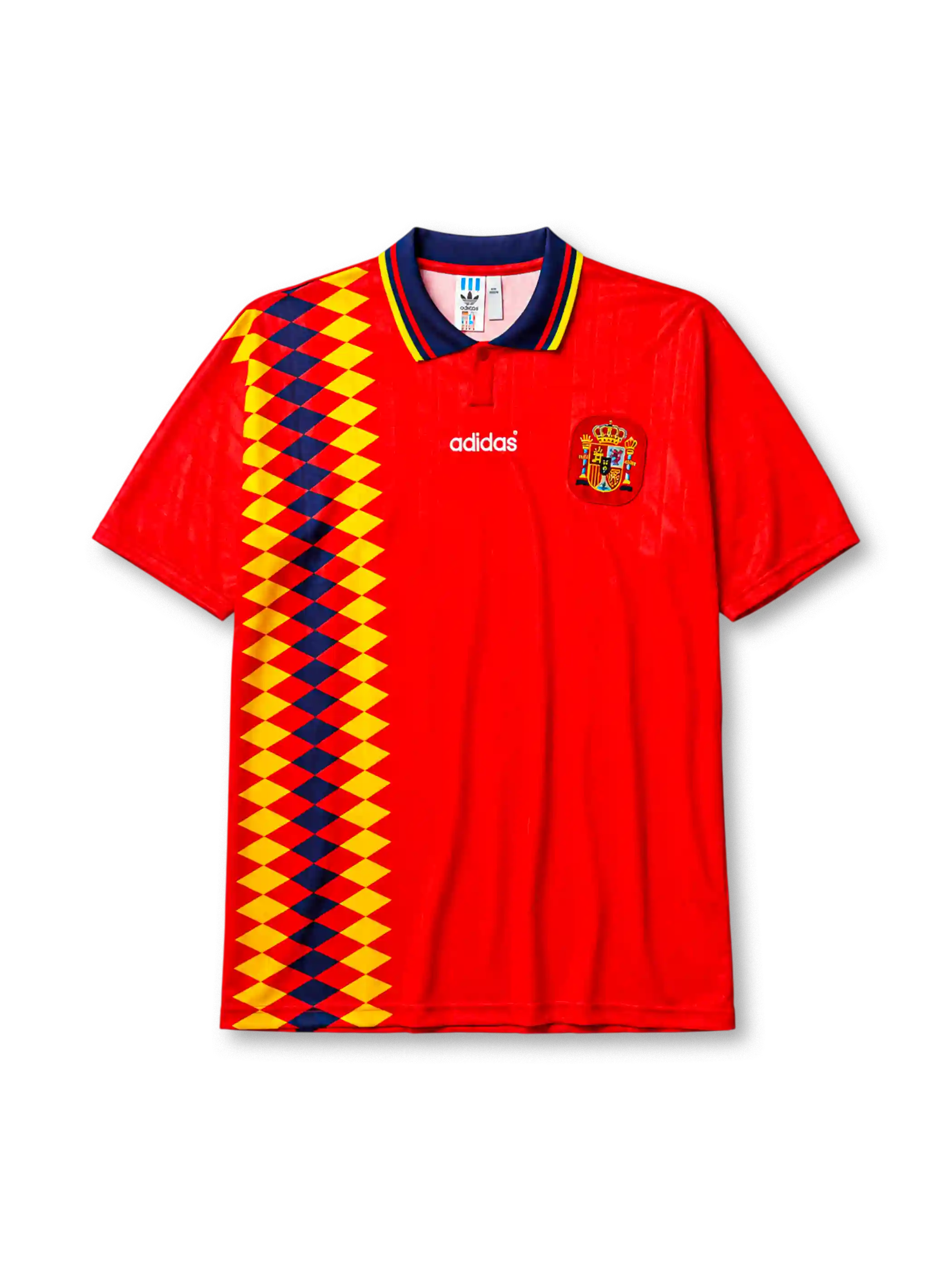 Spain 1994-95 home jersey, front view, red body with yellow and navy diamond pattern, navy point collar with yellow and red stripes, adidas wordmark, Royal Spanish Football Federation crest