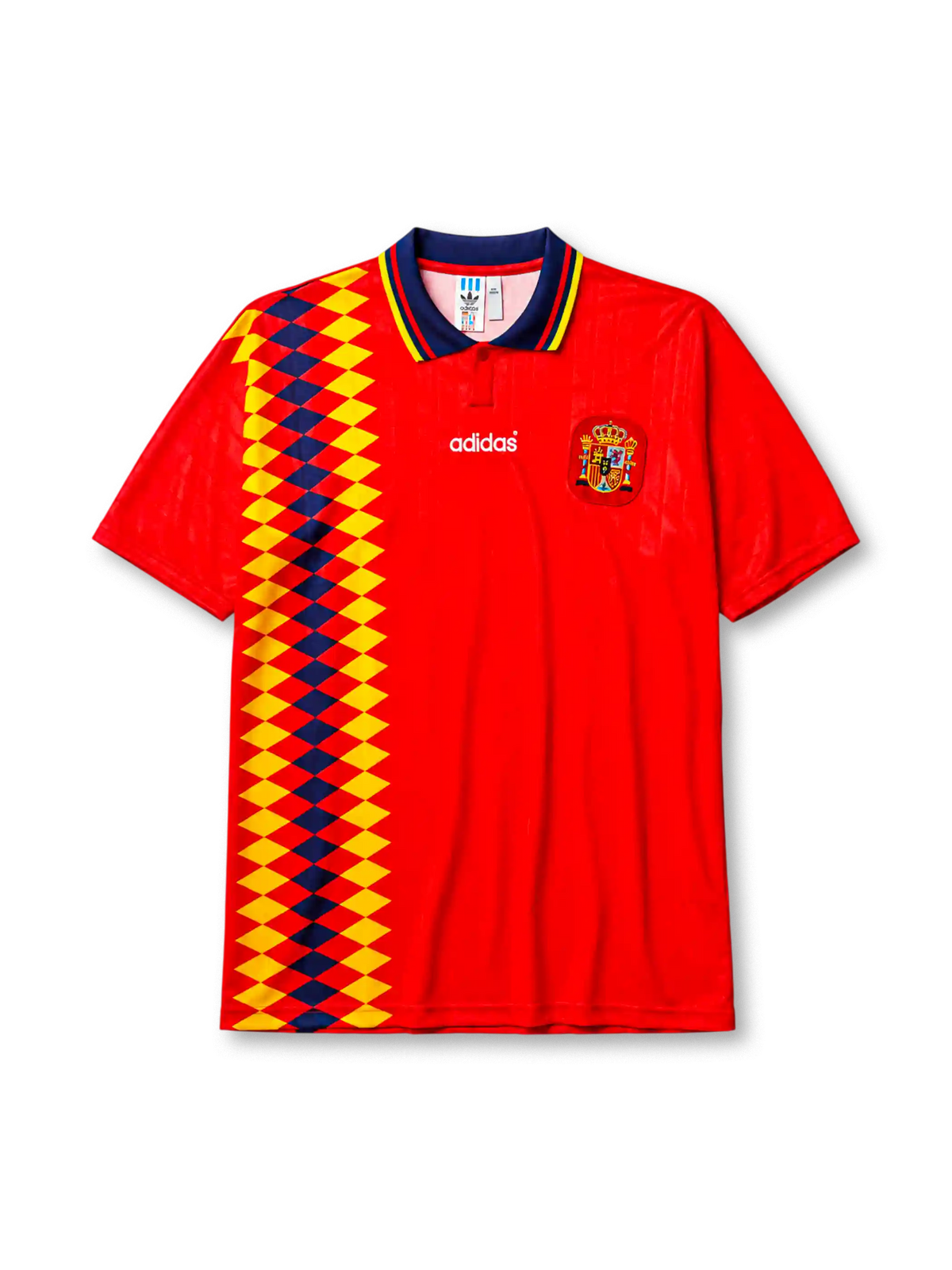 Spain 1994-95 home jersey, front view, red body with yellow and navy diamond pattern, navy point collar with yellow and red stripes, adidas wordmark, Royal Spanish Football Federation crest