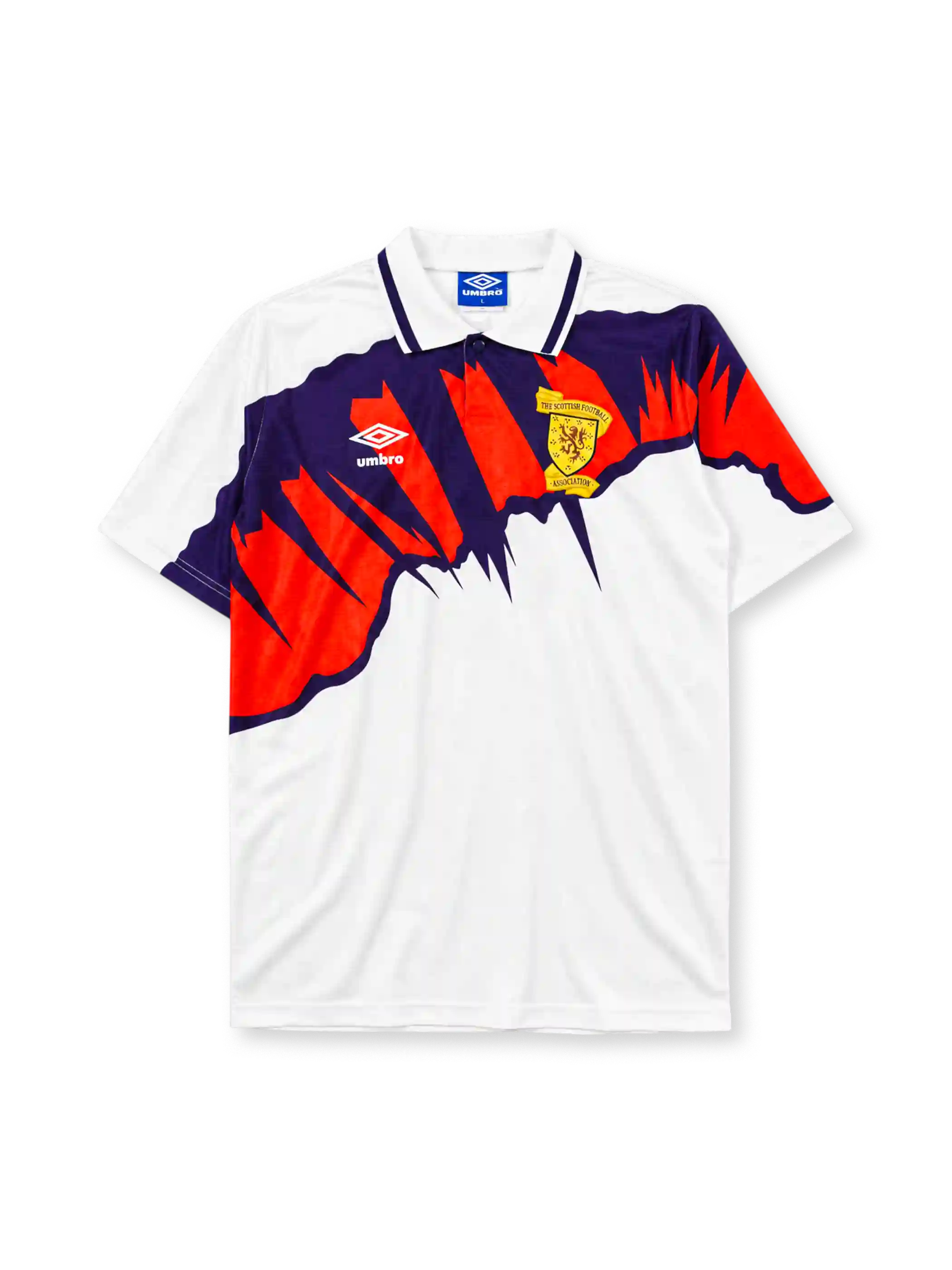 Scotland 1991-93 away jersey, front view, white body with jagged navy and red graphic, point collar, Umbro logo, Scottish Football Association crest