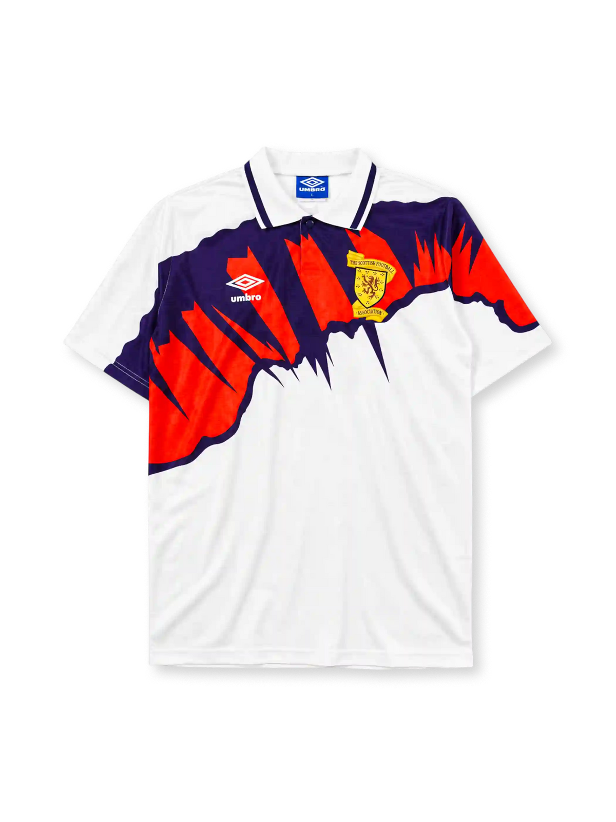 Scotland 1991-93 away jersey, front view, white body with jagged navy and red graphic, point collar, Umbro logo, Scottish Football Association crest