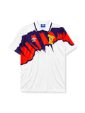 Scotland 1991-93 away jersey, front view, white body with jagged navy and red graphic, point collar, Umbro logo, Scottish Football Association crest