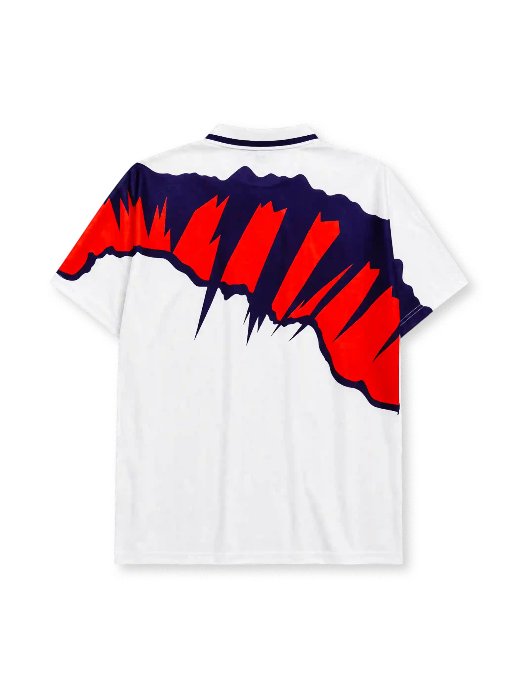 Scotland 1991-93 away jersey, front view, white body with jagged navy and red graphic, point collar, Umbro logo, Scottish Football Association crest