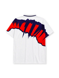 Scotland 1991-93 away jersey, front view, white body with jagged navy and red graphic, point collar, Umbro logo, Scottish Football Association crest