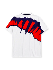 Scotland 1991-93 away jersey, front view, white body with jagged navy and red graphic, point collar, Umbro logo, Scottish Football Association crest