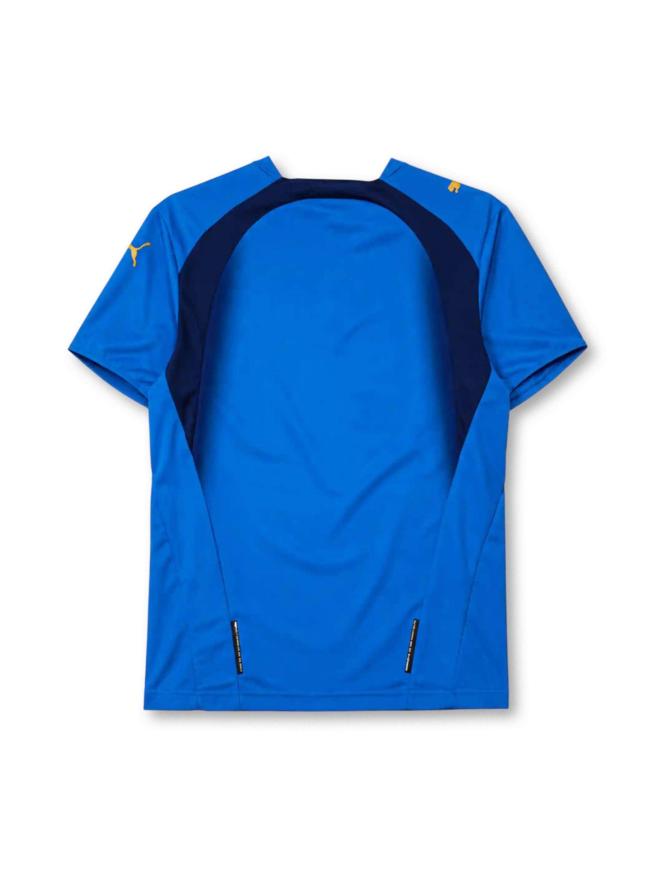 Italy 2006 home jersey, front view, blue body with navy side panels, crew neck collar, gold Puma logos, Italia crest with two stars