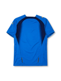 Italy 2006 home jersey, front view, blue body with navy side panels, crew neck collar, gold Puma logos, Italia crest with two stars
