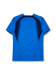 Italy 2006 home jersey, front view, blue body with navy side panels, crew neck collar, gold Puma logos, Italia crest with two stars