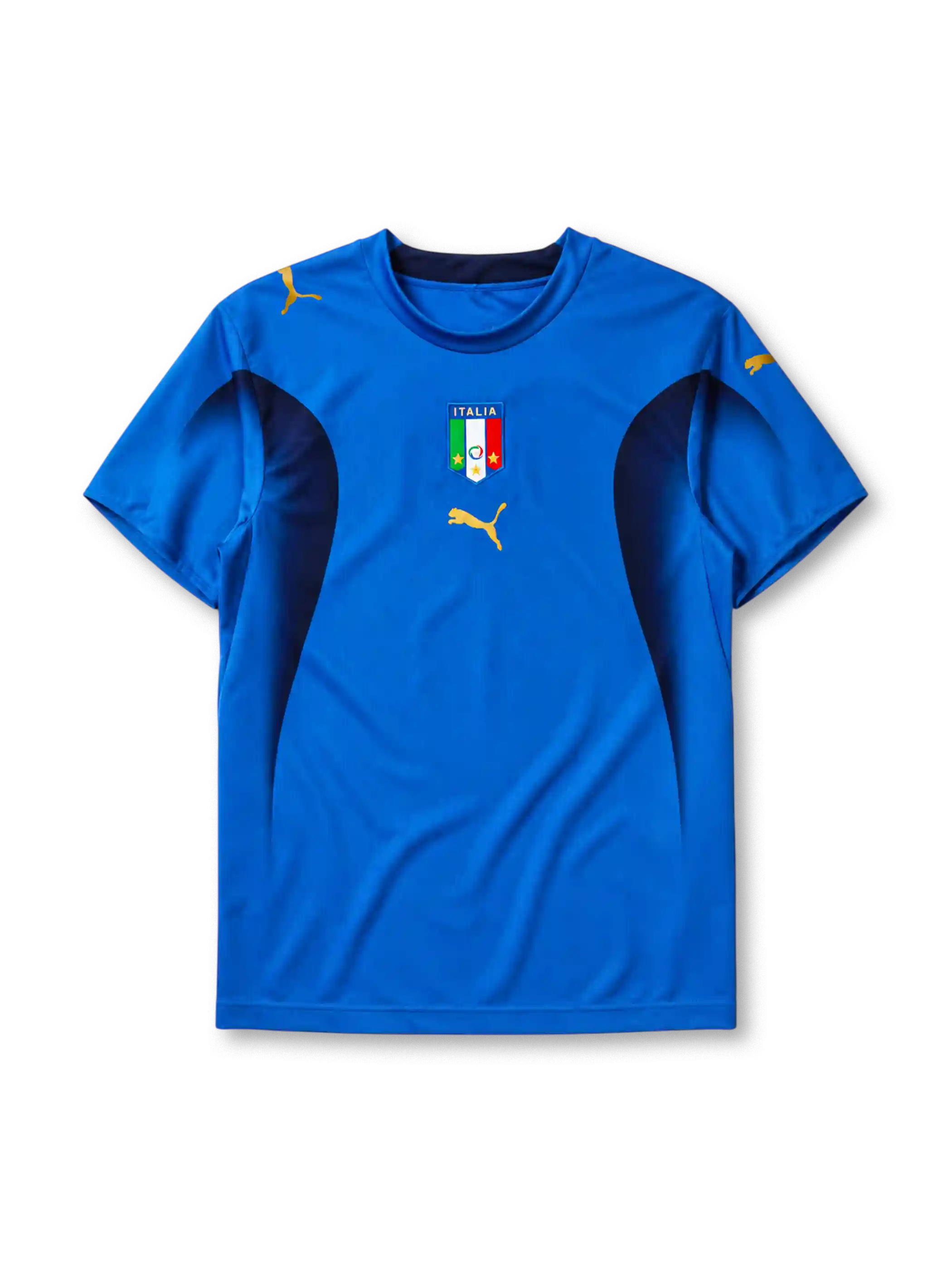 Italy 2006 home jersey, front view, blue body with navy side panels, crew neck collar, gold Puma logos, Italia crest with two stars