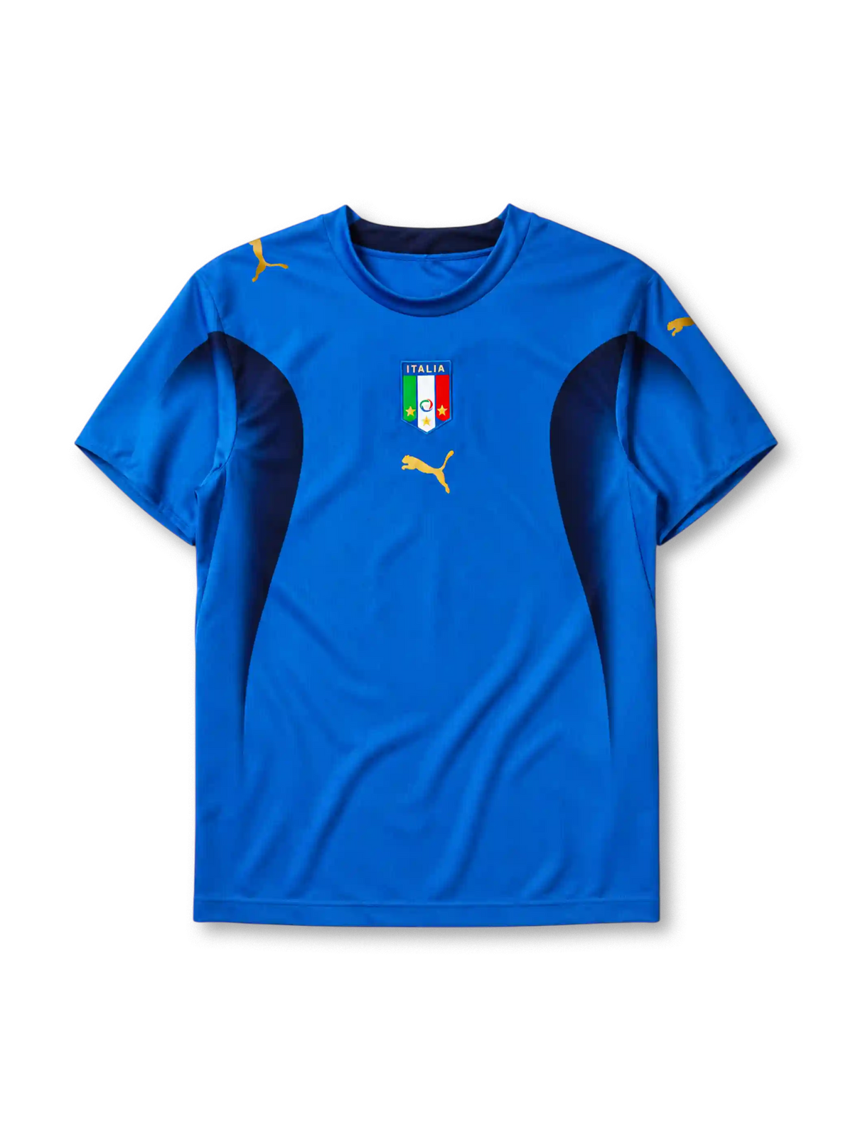 Italy 2006 home jersey, front view, blue body with navy side panels, crew neck collar, gold Puma logos, Italia crest with two stars