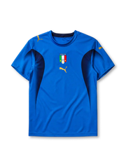 Italy 2006 home jersey, front view, blue body with navy side panels, crew neck collar, gold Puma logos, Italia crest with two stars