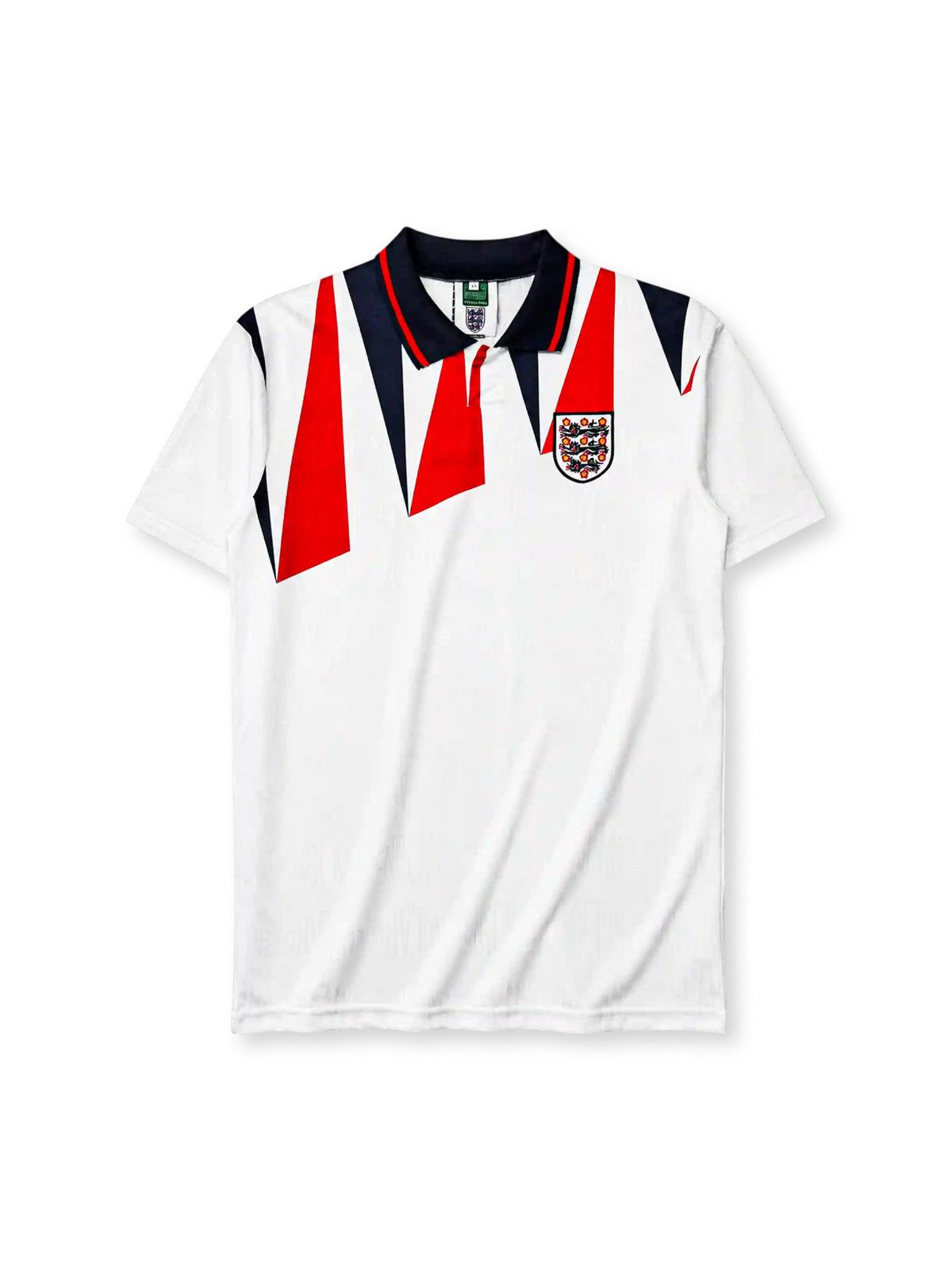 England 1992 home jersey, front view, white body with red and navy jagged triangle pattern, navy polo-style collar with red stripe trim, Three Lions crest with roses, small red logo mark near right shoulder