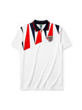 England 1992 home jersey, front view, white body with red and navy jagged triangle pattern, navy polo-style collar with red stripe trim, Three Lions crest with roses, small red logo mark near right shoulder
