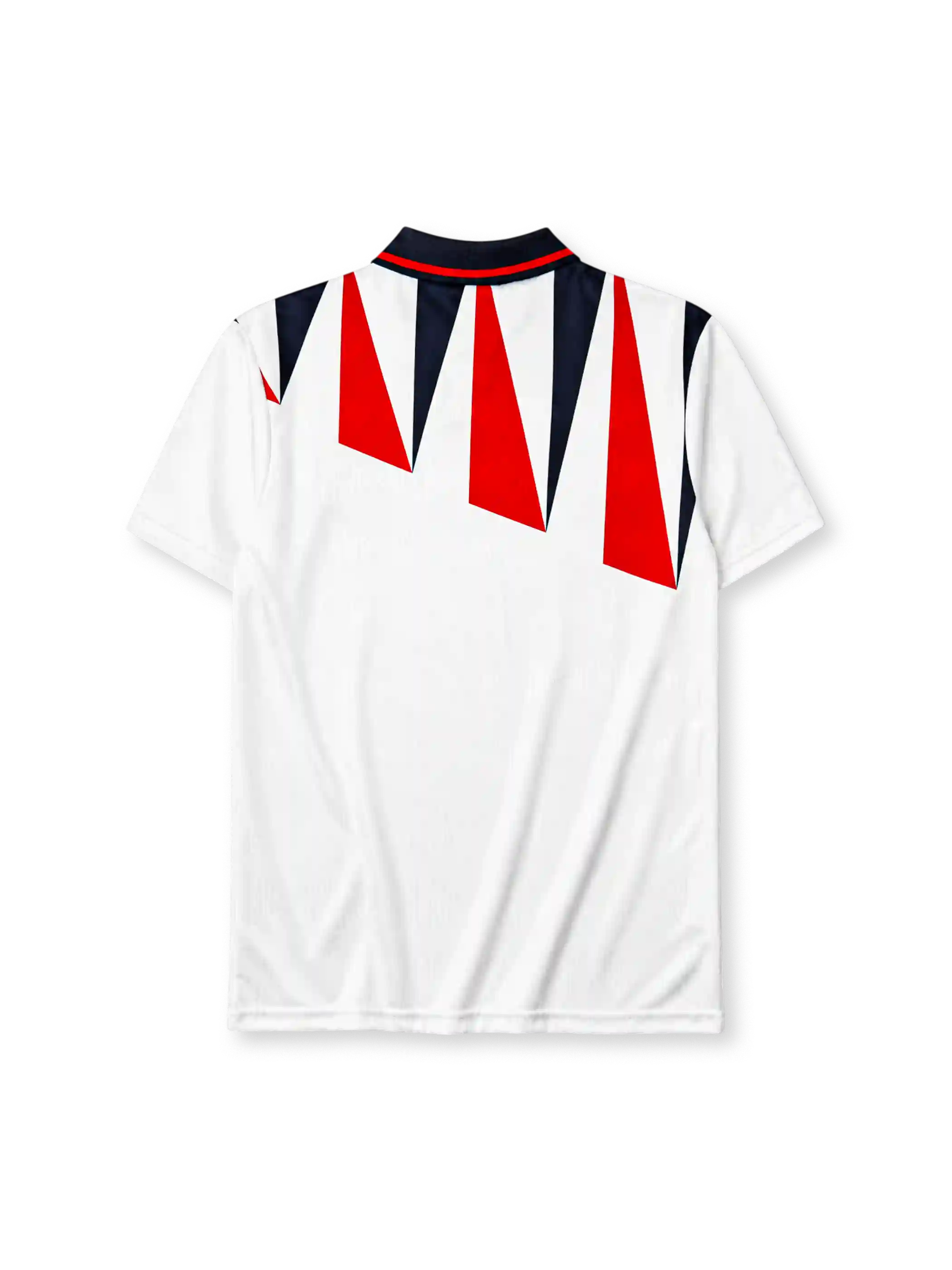 England 1992 home jersey, front view, white body with red and navy jagged triangle pattern, navy polo-style collar with red stripe trim, Three Lions crest with roses, small red logo mark near right shoulder