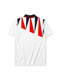England 1992 home jersey, front view, white body with red and navy jagged triangle pattern, navy polo-style collar with red stripe trim, Three Lions crest with roses, small red logo mark near right shoulder