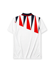 England 1992 home jersey, front view, white body with red and navy jagged triangle pattern, navy polo-style collar with red stripe trim, Three Lions crest with roses, small red logo mark near right shoulder