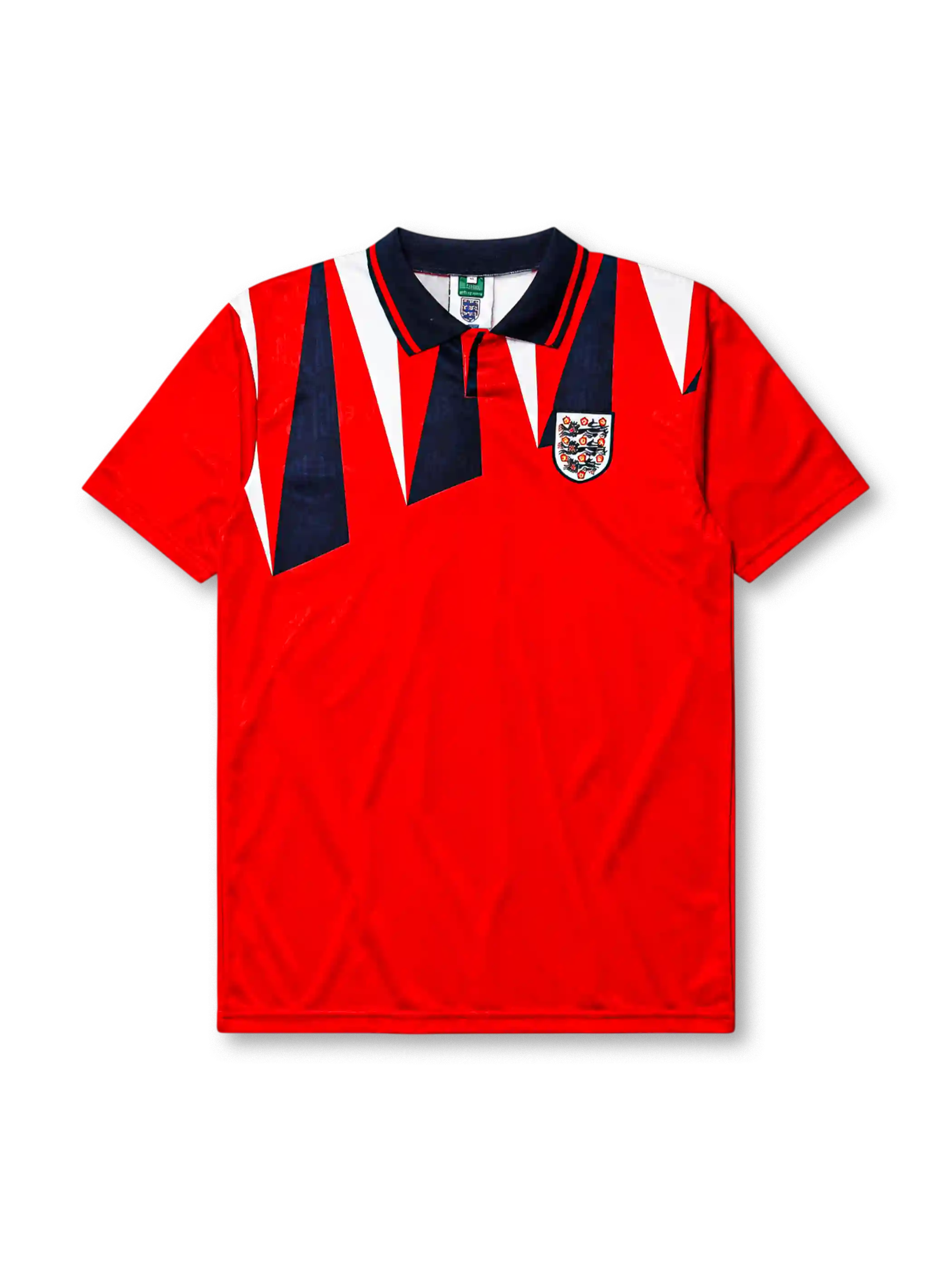 England 1992 away jersey, front view, red body with navy and white jagged triangle pattern, navy polo-style collar with red and white stripe trim, Three Lions crest with roses, small navy logo mark near right shoulder