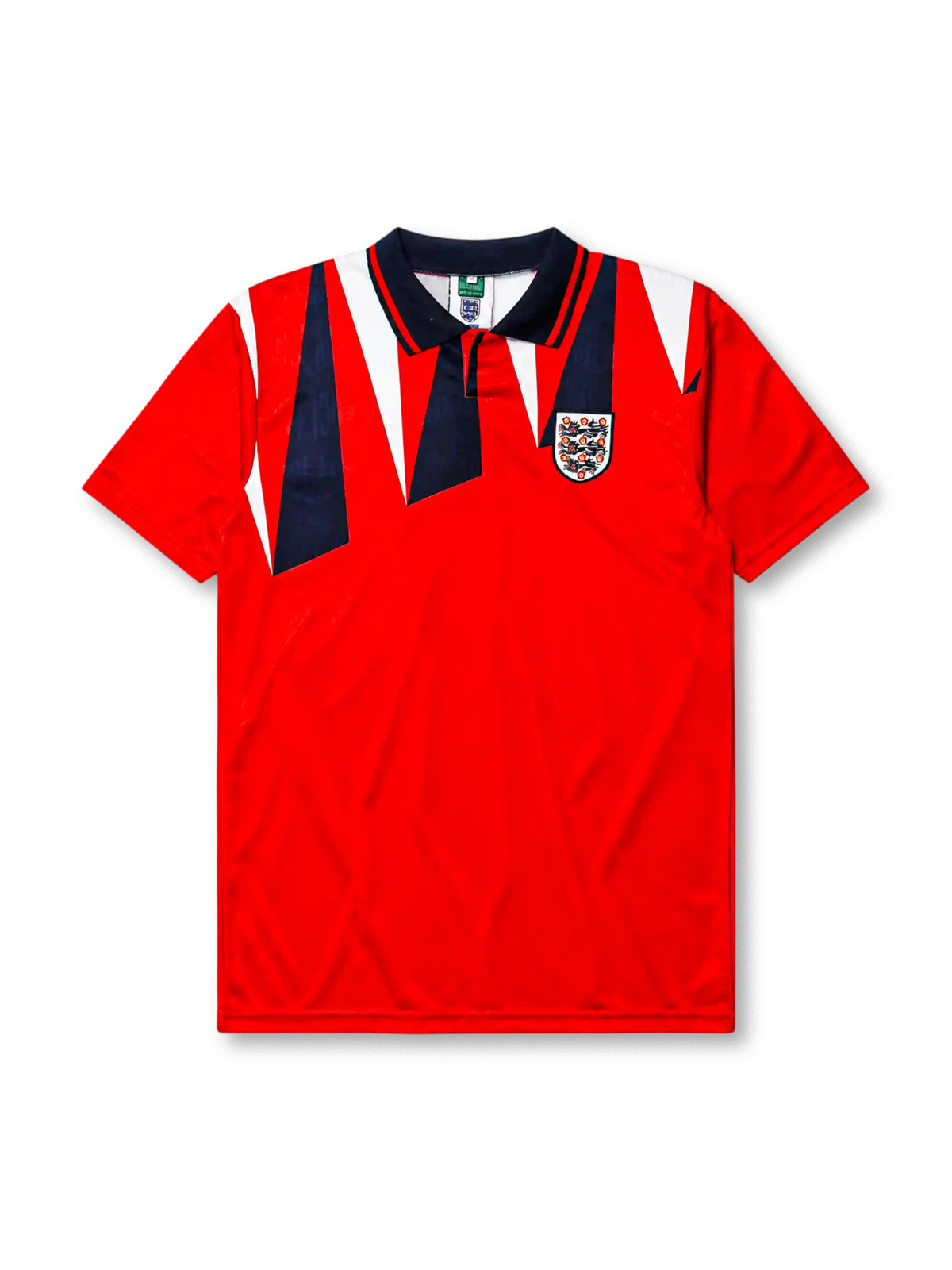 England 1992 away jersey, front view, red body with navy and white jagged triangle pattern, navy polo-style collar with red and white stripe trim, Three Lions crest with roses, small navy logo mark near right shoulder
