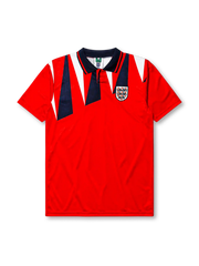 England 1992 away jersey, front view, red body with navy and white jagged triangle pattern, navy polo-style collar with red and white stripe trim, Three Lions crest with roses, small navy logo mark near right shoulder