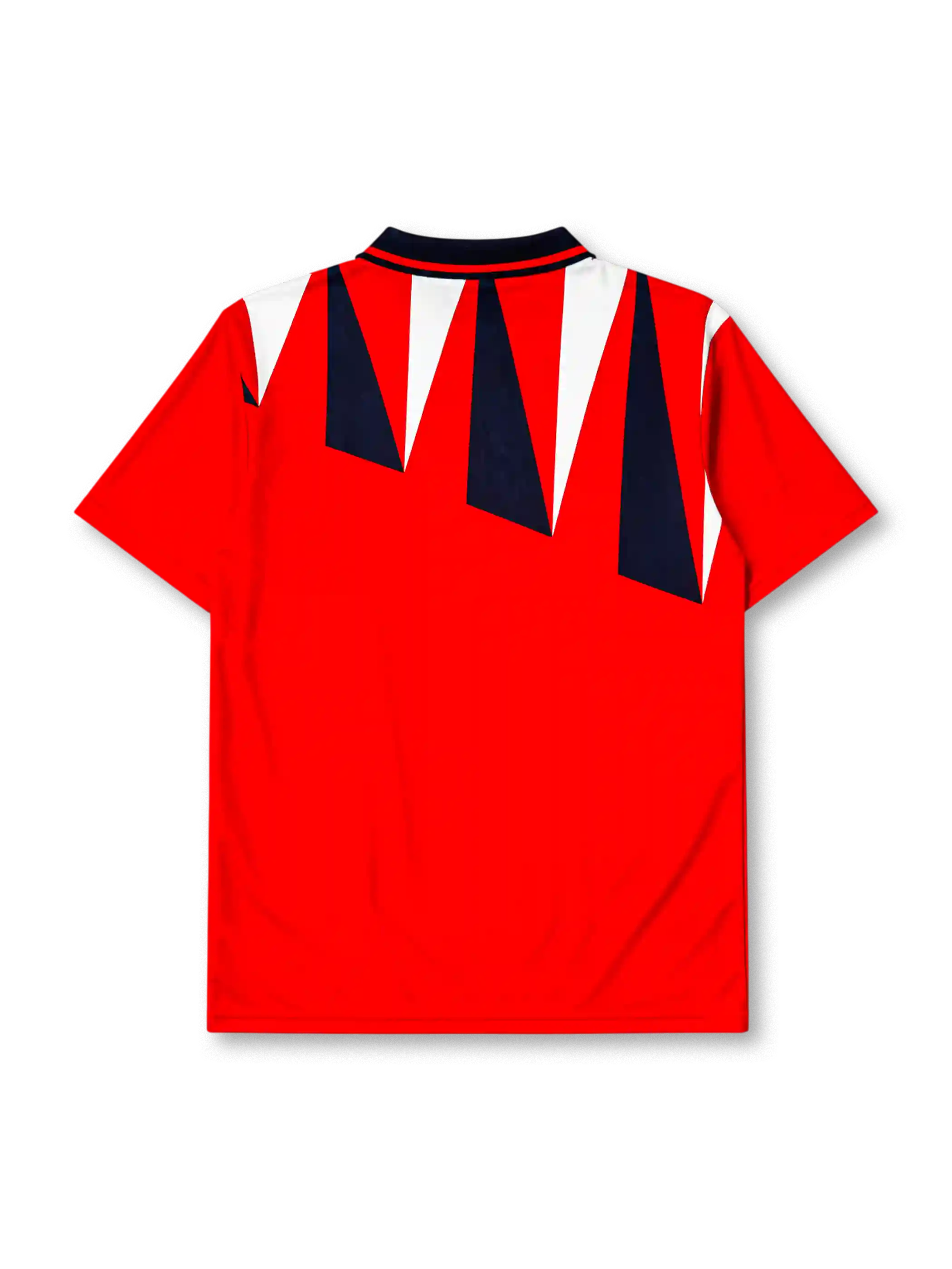 England 1992 away jersey, front view, red body with navy and white jagged triangle pattern, navy polo-style collar with red and white stripe trim, Three Lions crest with roses, small navy logo mark near right shoulder