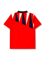 England 1992 away jersey, front view, red body with navy and white jagged triangle pattern, navy polo-style collar with red and white stripe trim, Three Lions crest with roses, small navy logo mark near right shoulder