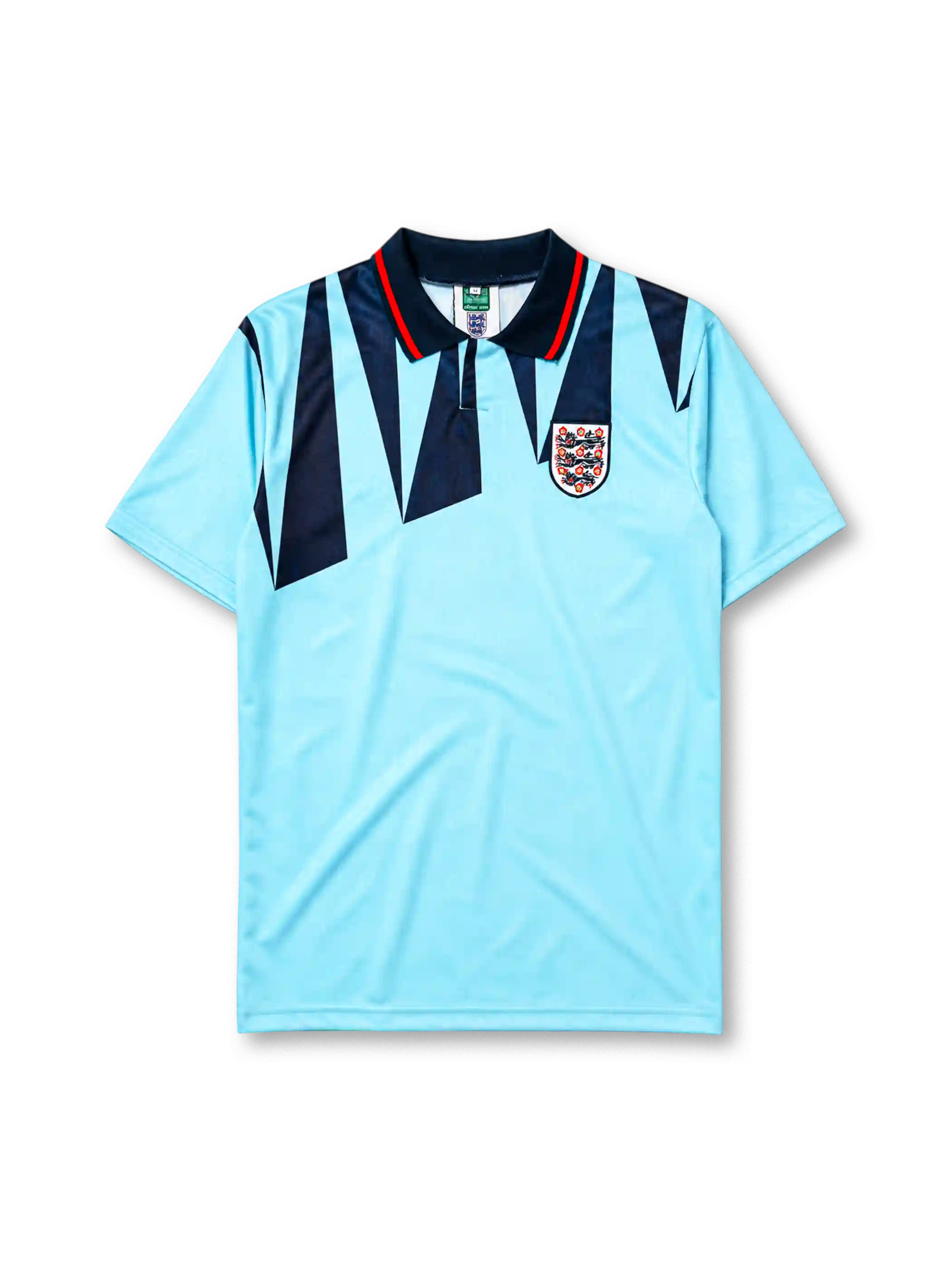 England 1992 third jersey, front view, sky blue body with navy jagged triangle pattern, navy polo-style collar with red and white stripe trim, Three Lions crest with roses