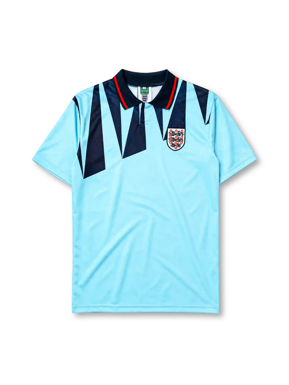 England 1992 third jersey, front view, sky blue body with navy jagged triangle pattern, navy polo-style collar with red and white stripe trim, Three Lions crest with roses