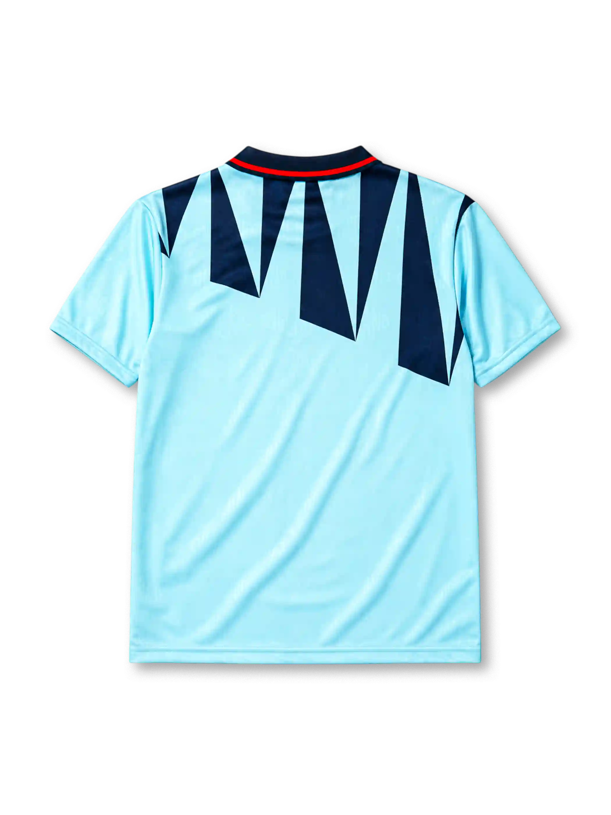 England 1992 third jersey, front view, sky blue body with navy jagged triangle pattern, navy polo-style collar with red and white stripe trim, Three Lions crest with roses