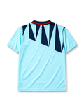 England 1992 third jersey, front view, sky blue body with navy jagged triangle pattern, navy polo-style collar with red and white stripe trim, Three Lions crest with roses