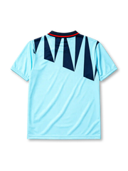 England 1992 third jersey, front view, sky blue body with navy jagged triangle pattern, navy polo-style collar with red and white stripe trim, Three Lions crest with roses