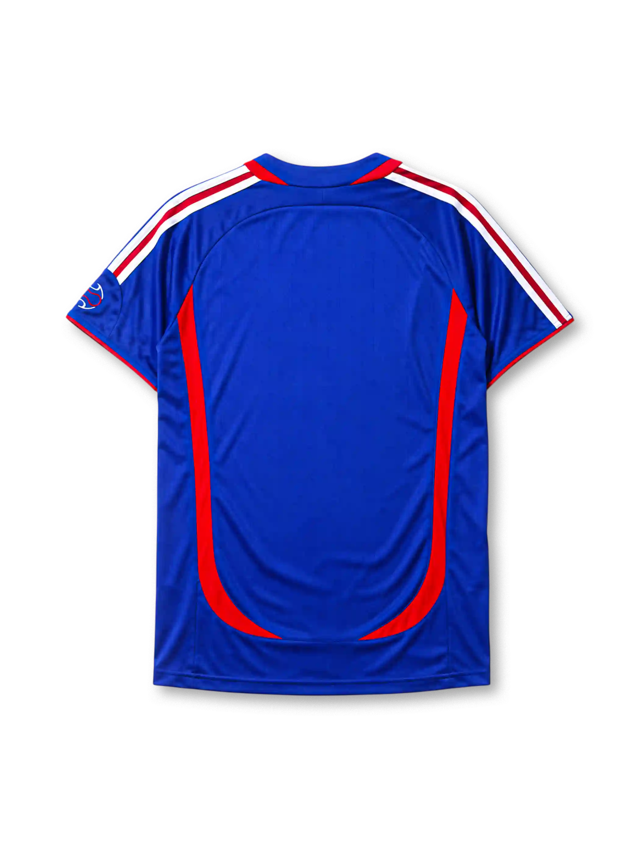 France 2006 home jersey, front view, royal blue body with red crew-neck collar and piping, curved red side panels, white adidas logo and stripes, gold F.F.F. rooster crest with star, small 2006 World Cup emblem near hem, ClimaCool tag