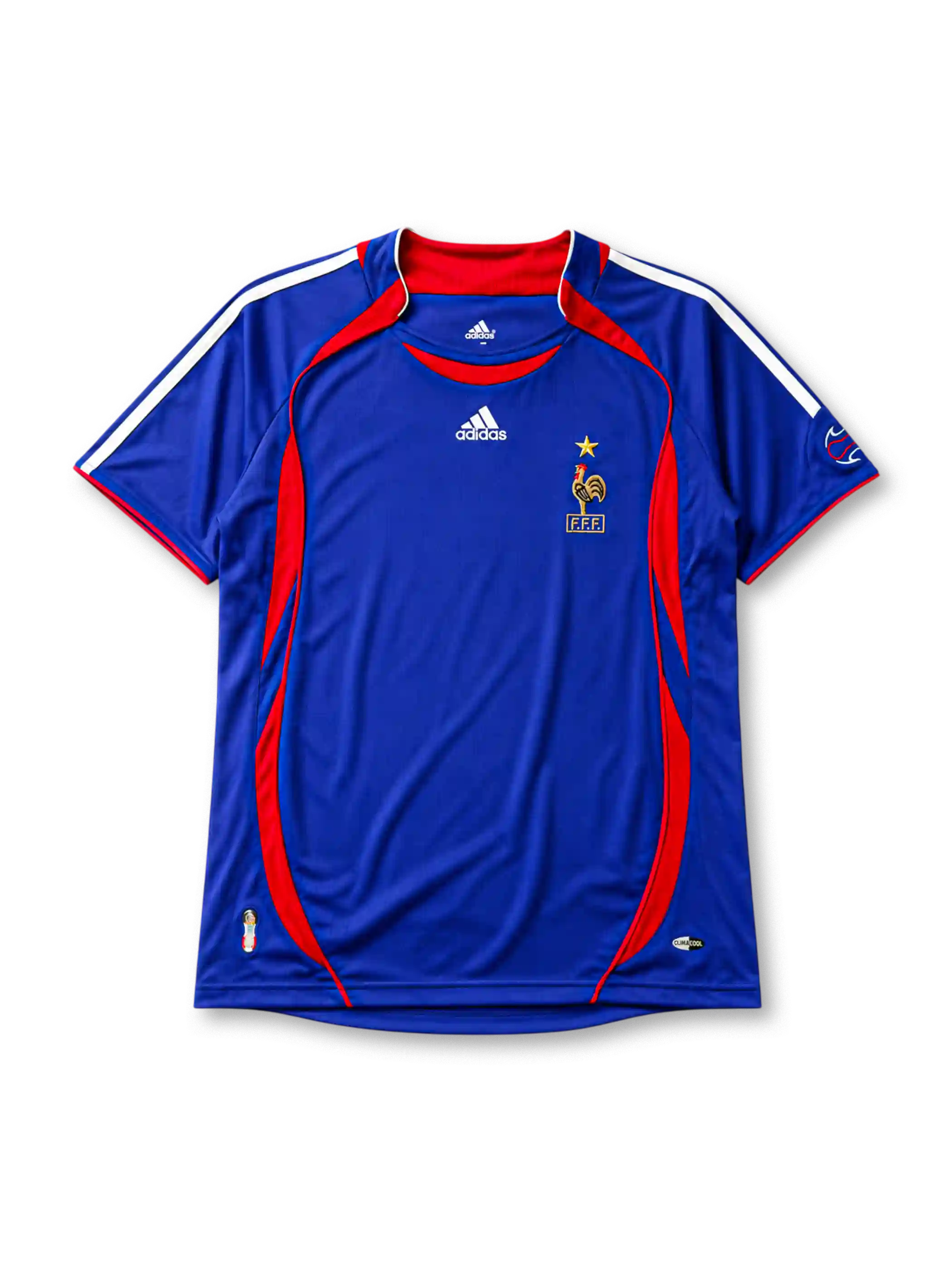 France 2006 home jersey, front view, royal blue body with red crew-neck collar and piping, curved red side panels, white adidas logo and stripes, gold F.F.F. rooster crest with star, small 2006 World Cup emblem near hem, ClimaCool tag