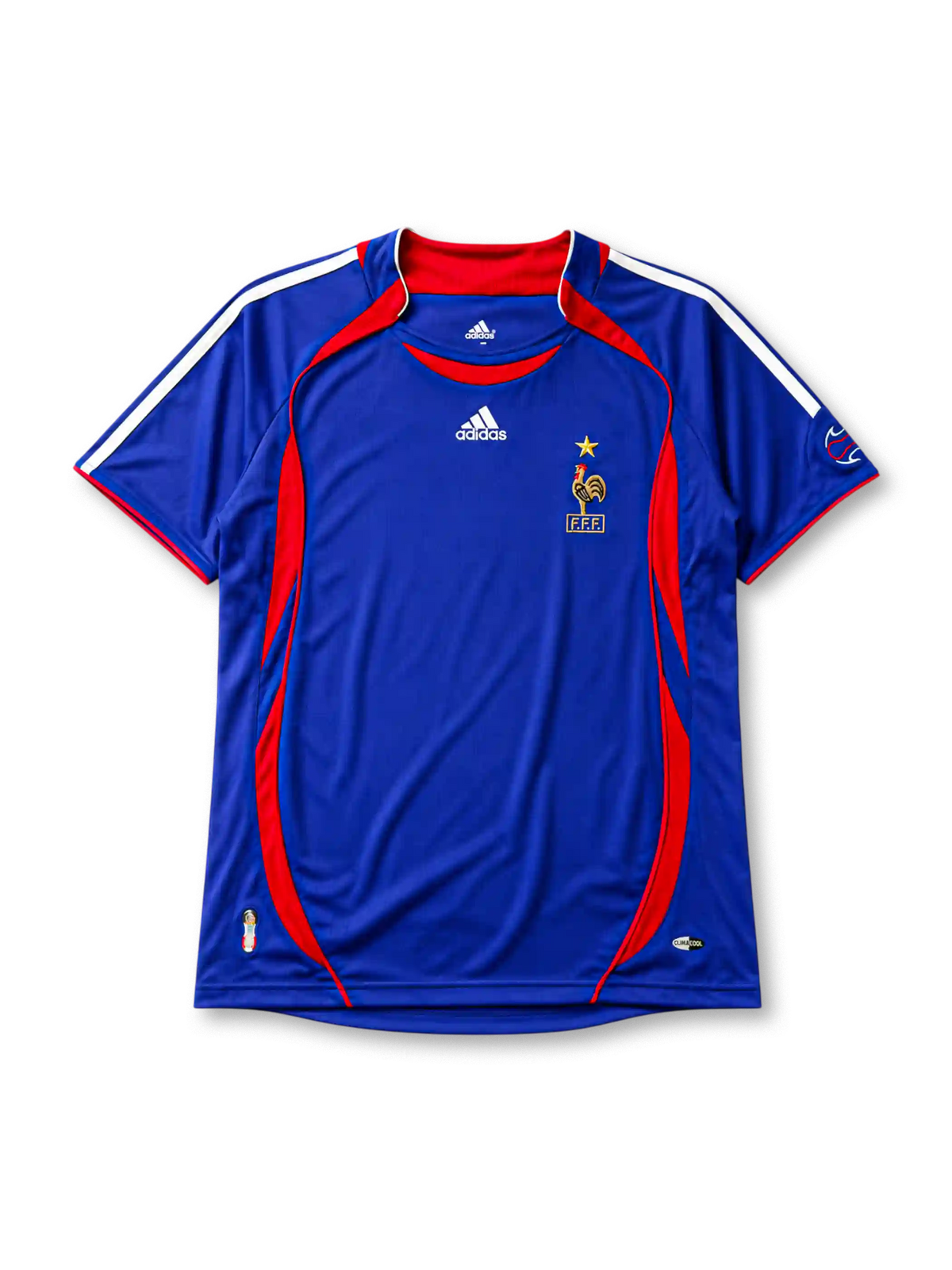France 2006 home jersey, front view, royal blue body with red crew-neck collar and piping, curved red side panels, white adidas logo and stripes, gold F.F.F. rooster crest with star, small 2006 World Cup emblem near hem, ClimaCool tag