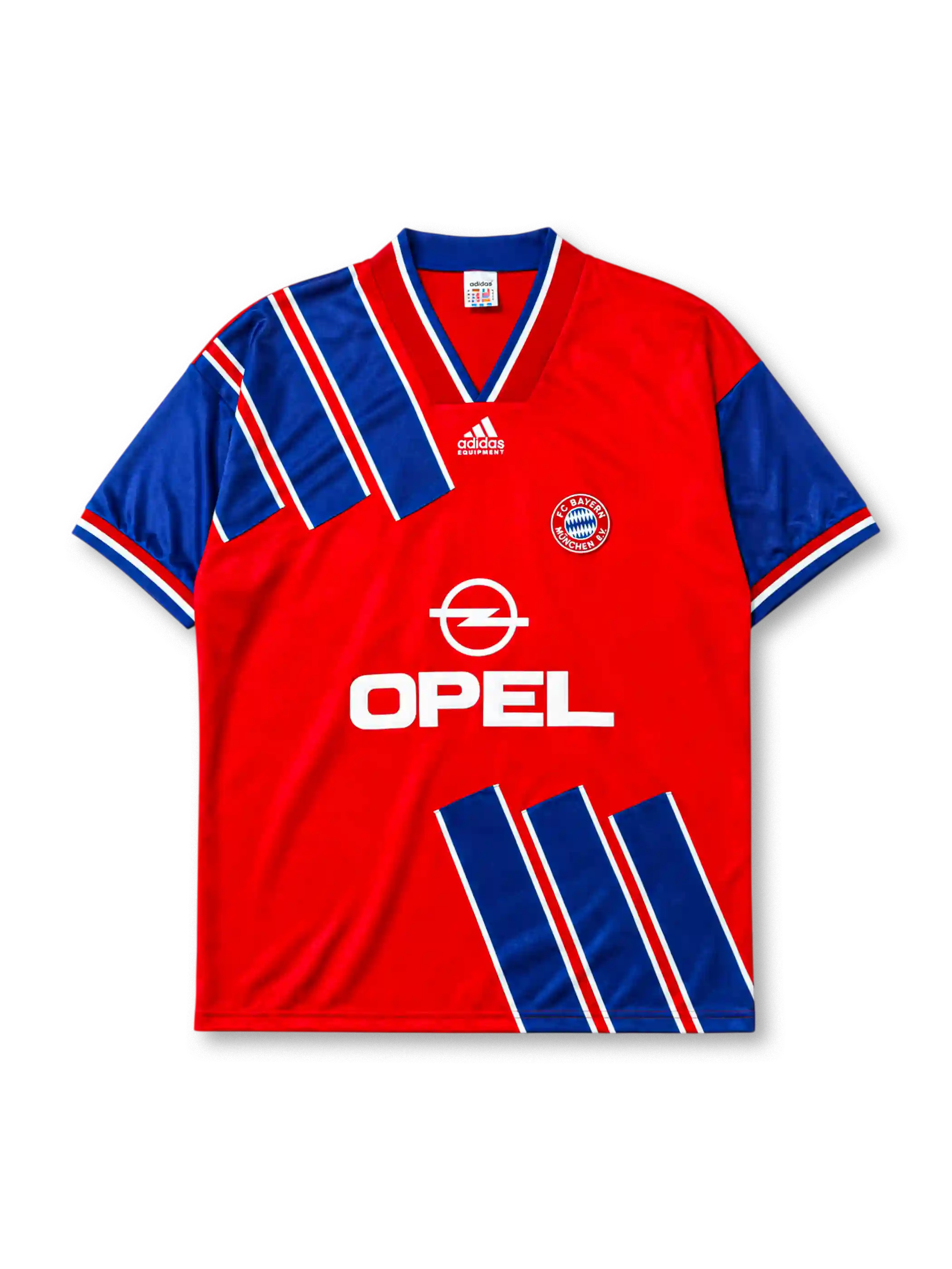 Bayern Munich 1993-95 home jersey, front view, red body with diagonal blue and white stripe panels, blue V-neck collar with white piping, white adidas Equipment logo, FC Bayern Munchen crest, white Opel sponsor logo, striped cuffs