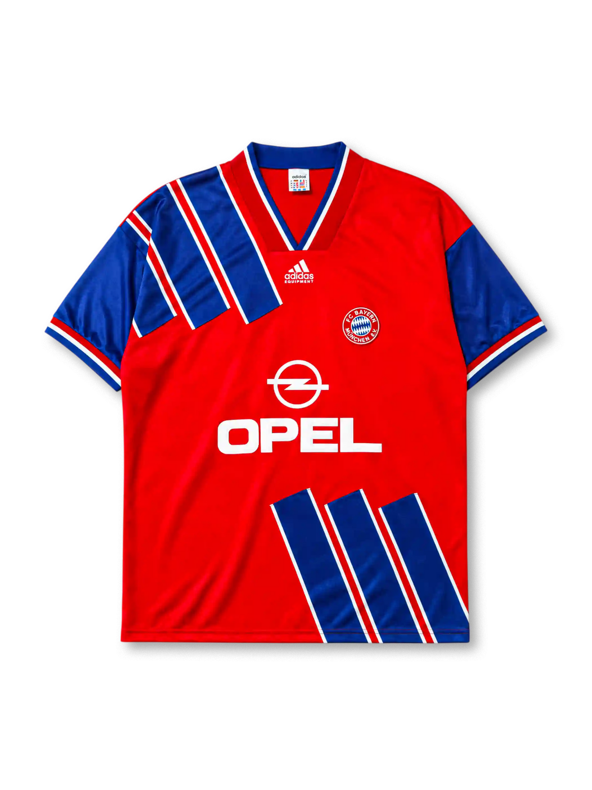 Bayern Munich 1993-95 home jersey, front view, red body with diagonal blue and white stripe panels, blue V-neck collar with white piping, white adidas Equipment logo, FC Bayern Munchen crest, white Opel sponsor logo, striped cuffs