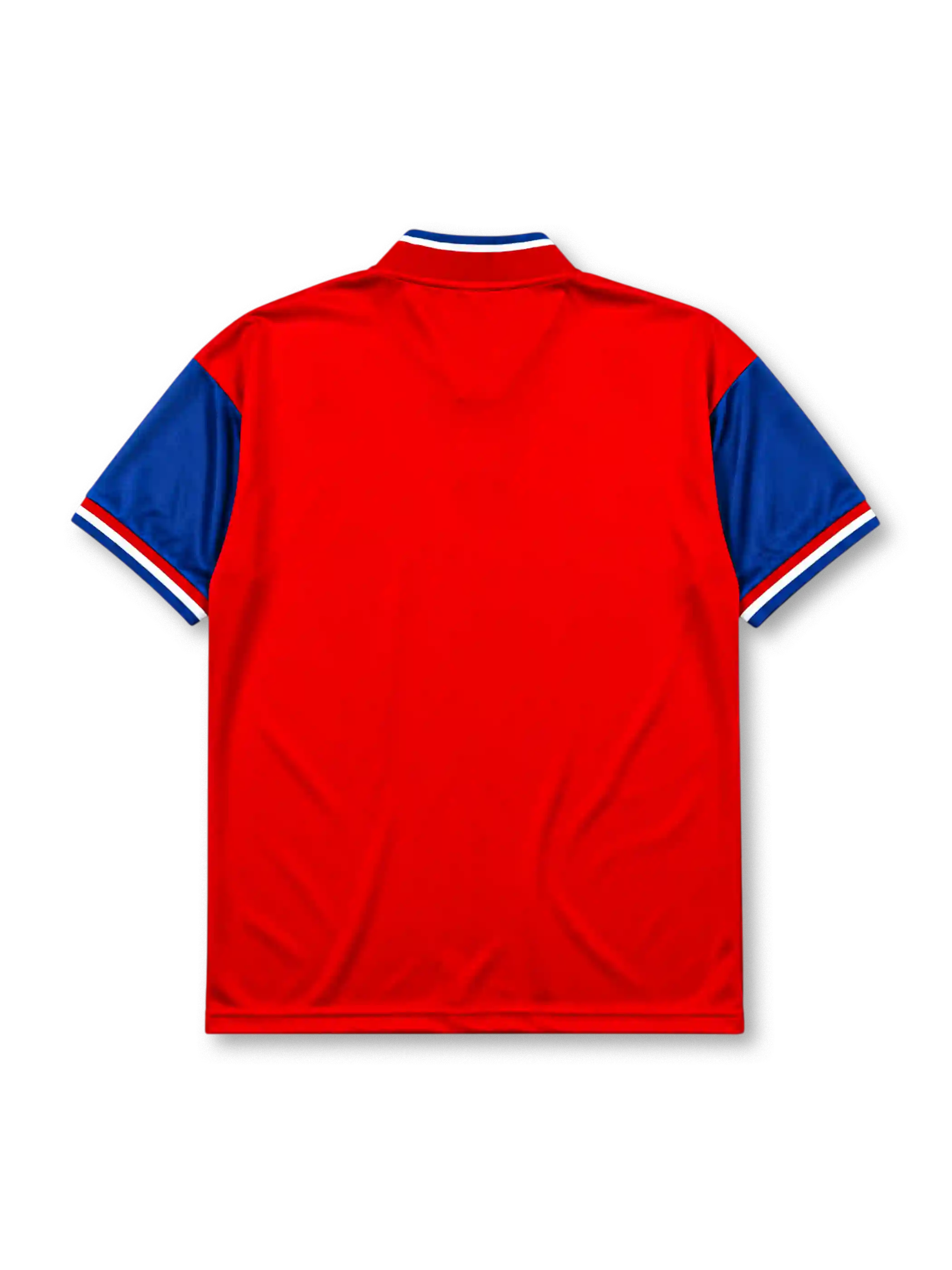 Bayern Munich 1993-95 home jersey, front view, red body with diagonal blue and white stripe panels, blue V-neck collar with white piping, white adidas Equipment logo, FC Bayern Munchen crest, white Opel sponsor logo, striped cuffs