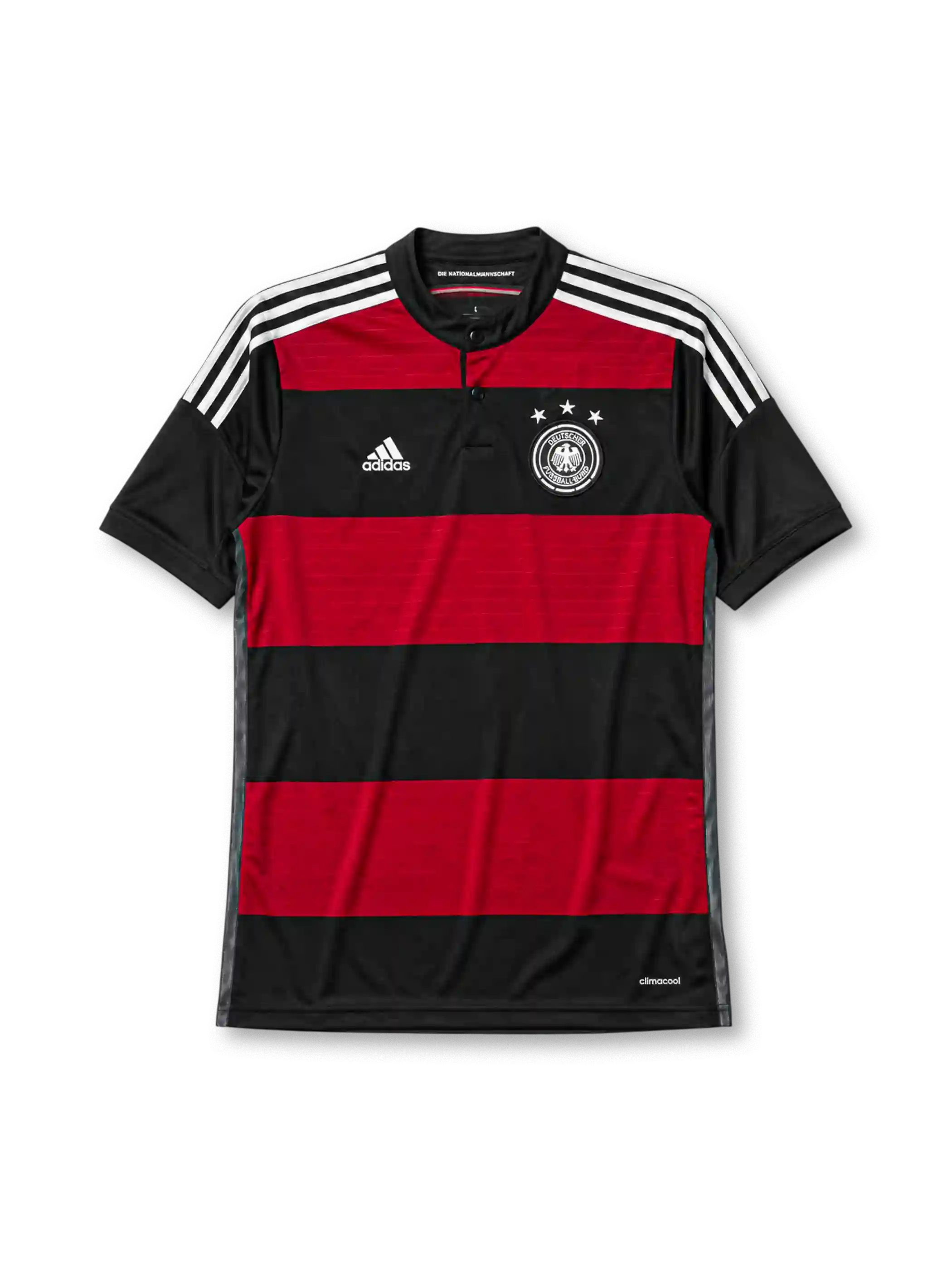 Germany 2014 away jersey, front view, black and red horizontal hoops, black crew-neck collar with white piping, white adidas logo and stripes, DFB eagle crest with four stars, climacool wordmark near hem