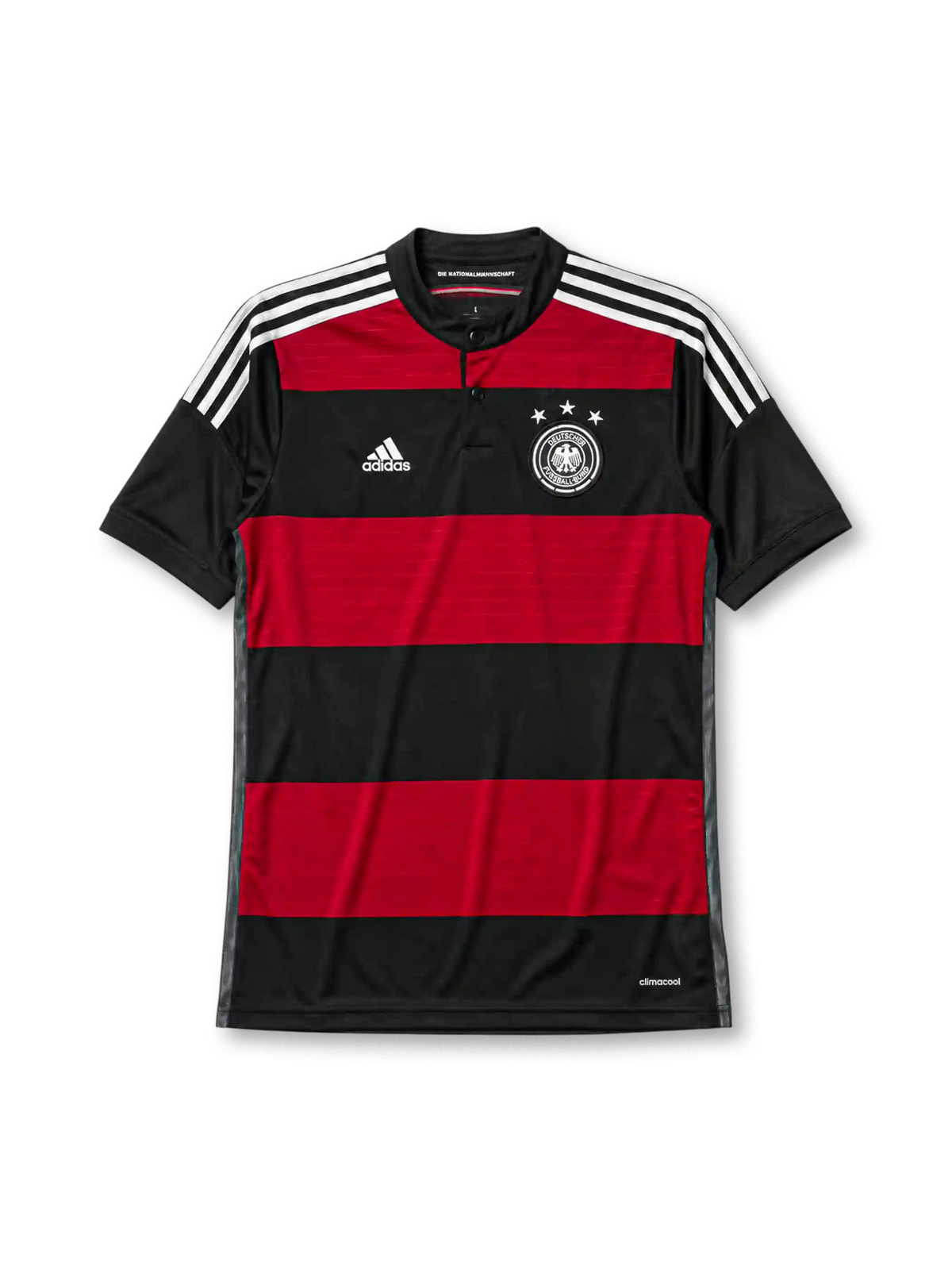 Germany 2014 away jersey, front view, black and red horizontal hoops, black crew-neck collar with white piping, white adidas logo and stripes, DFB eagle crest with four stars, climacool wordmark near hem