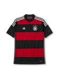 Germany 2014 away jersey, front view, black and red horizontal hoops, black crew-neck collar with white piping, white adidas logo and stripes, DFB eagle crest with four stars, climacool wordmark near hem