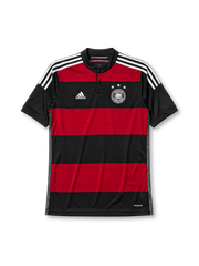 Germany 2014 away jersey, front view, black and red horizontal hoops, black crew-neck collar with white piping, white adidas logo and stripes, DFB eagle crest with four stars, climacool wordmark near hem