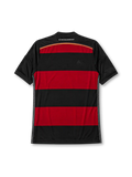 Germany 2014 away jersey, front view, black and red horizontal hoops, black crew-neck collar with white piping, white adidas logo and stripes, DFB eagle crest with four stars, climacool wordmark near hem