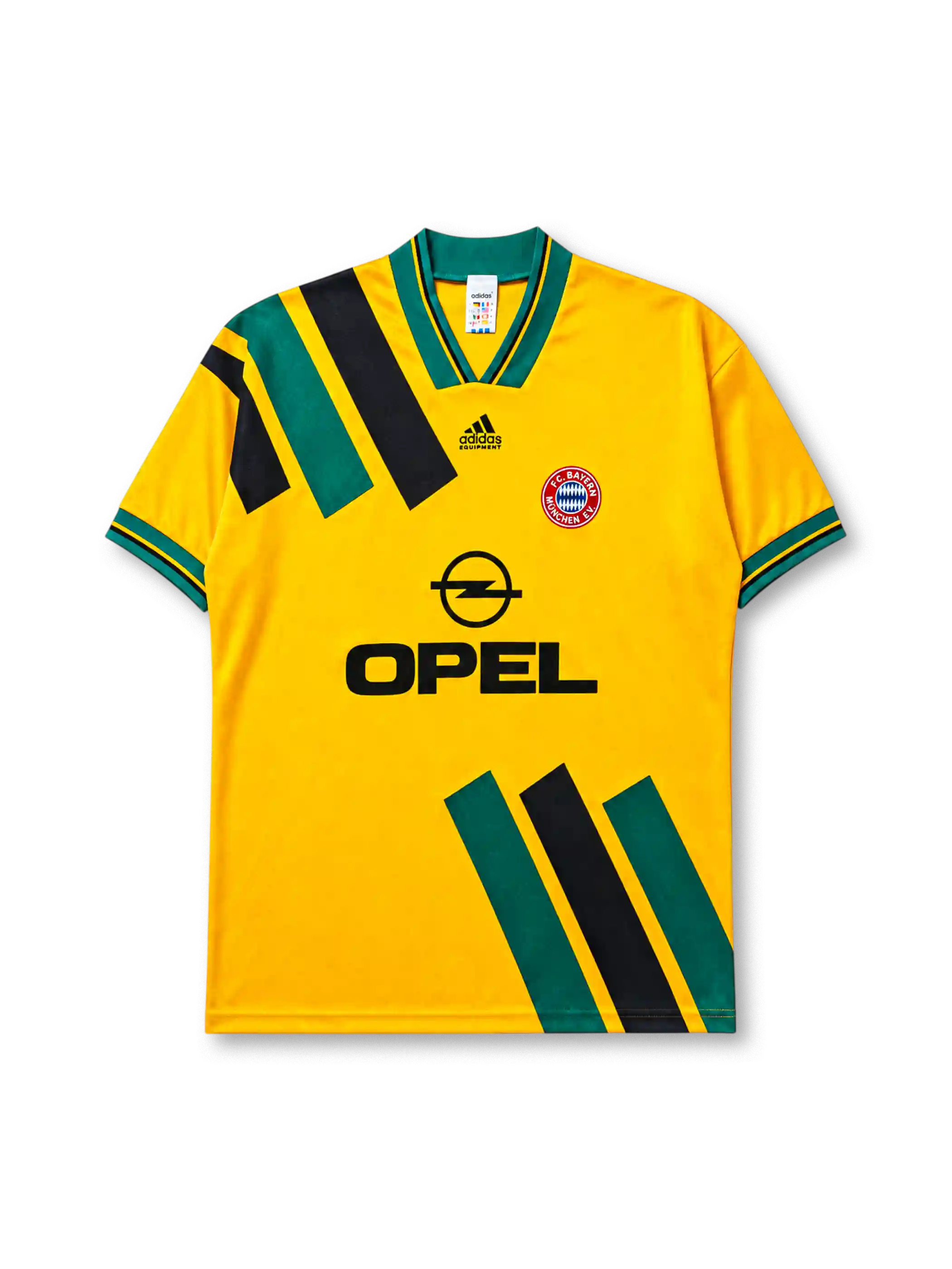 Bayern Munich 1993-95 away jersey, front view, golden yellow body with diagonal green and black stripe panels, green V-neck collar with black piping, black adidas Equipment logo, FC Bayern Munchen crest, black Opel sponsor logo, striped cuffs