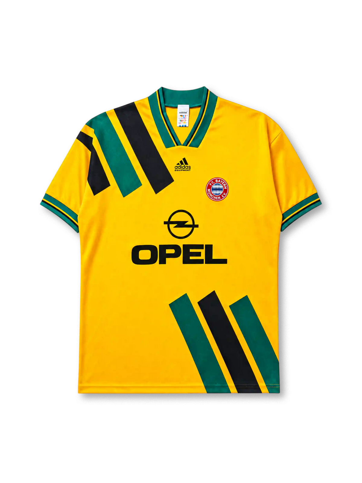 Bayern Munich 1993-95 away jersey, front view, golden yellow body with diagonal green and black stripe panels, green V-neck collar with black piping, black adidas Equipment logo, FC Bayern Munchen crest, black Opel sponsor logo, striped cuffs
