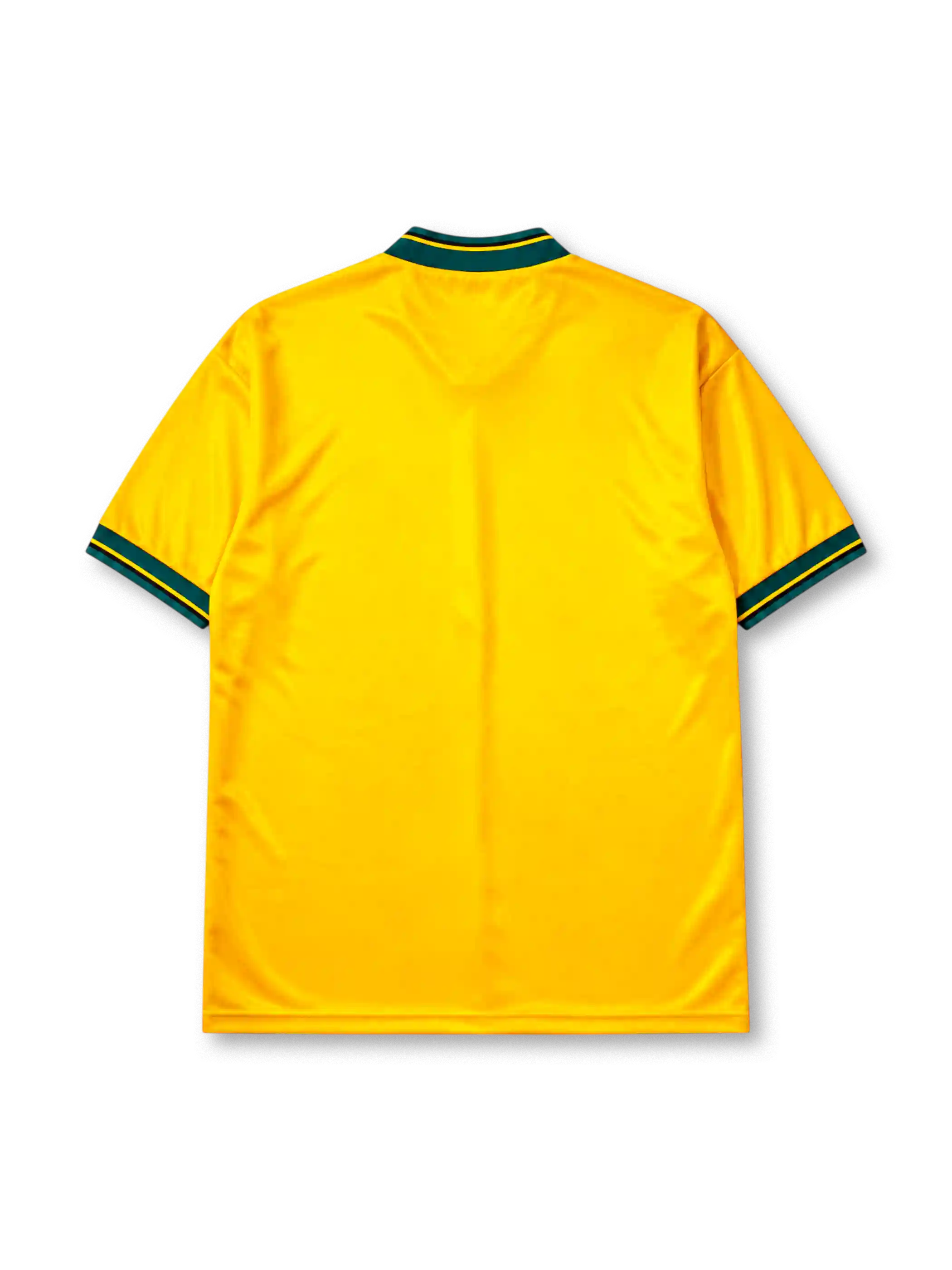 Bayern Munich 1993-95 away jersey, front view, golden yellow body with diagonal green and black stripe panels, green V-neck collar with black piping, black adidas Equipment logo, FC Bayern Munchen crest, black Opel sponsor logo, striped cuffs