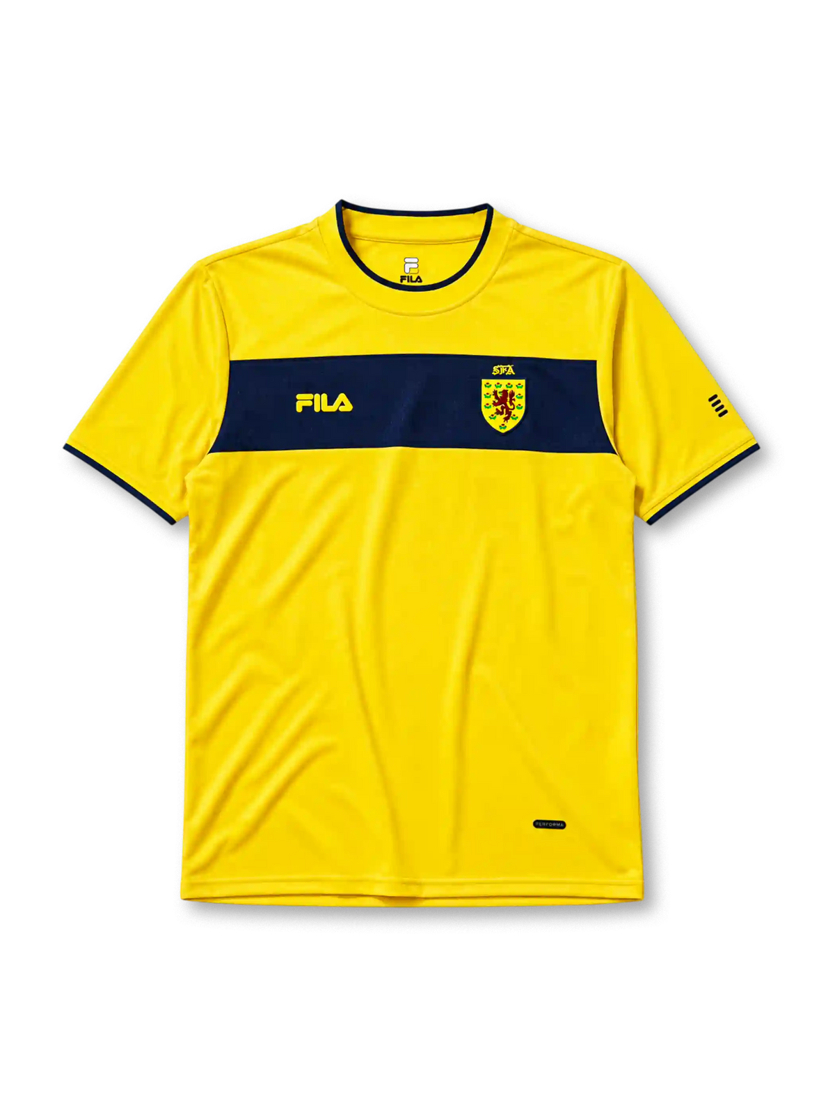 Scotland 2002 away jersey, front view, golden yellow body with navy horizontal chest band, navy crew-neck collar trim, navy FILA logo, Scottish Football Association shield crest with red lion, small navy stripe logo on sleeve, PERFORMA fabric tag near hem