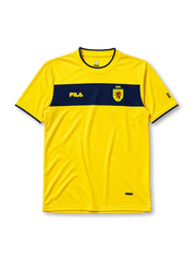 Scotland 2002 away jersey, front view, golden yellow body with navy horizontal chest band, navy crew-neck collar trim, navy FILA logo, Scottish Football Association shield crest with red lion, small navy stripe logo on sleeve, PERFORMA fabric tag near hem