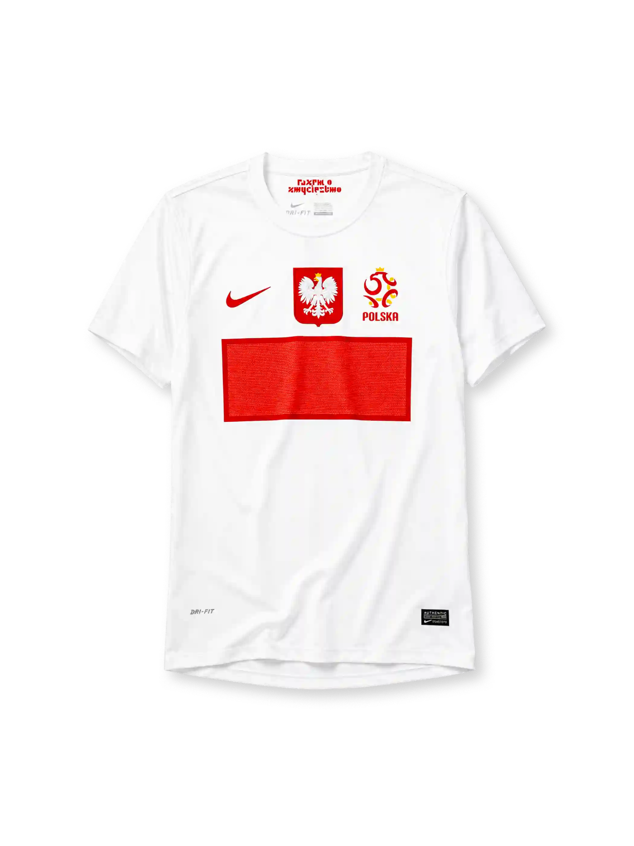 Poland 2012 home jersey, front view, white body with red Nike swoosh, Polish eagle crest, PZPN crest with Polska text, bold red rectangular flag-block design, Dri-FIT and Authentic tags near hem