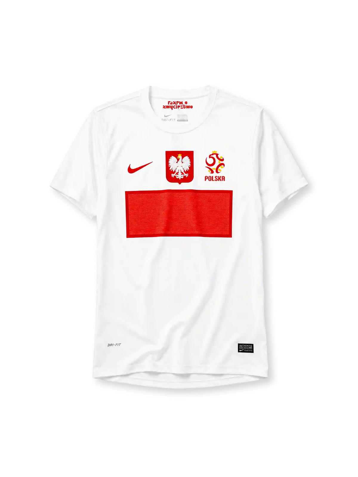 Poland 2012 home jersey, front view, white body with red Nike swoosh, Polish eagle crest, PZPN crest with Polska text, bold red rectangular flag-block design, Dri-FIT and Authentic tags near hem