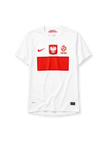 Poland 2012 home jersey, front view, white body with red Nike swoosh, Polish eagle crest, PZPN crest with Polska text, bold red rectangular flag-block design, Dri-FIT and Authentic tags near hem