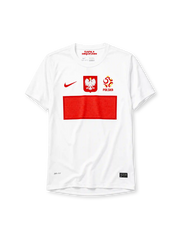 Poland 2012 home jersey, front view, white body with red Nike swoosh, Polish eagle crest, PZPN crest with Polska text, bold red rectangular flag-block design, Dri-FIT and Authentic tags near hem